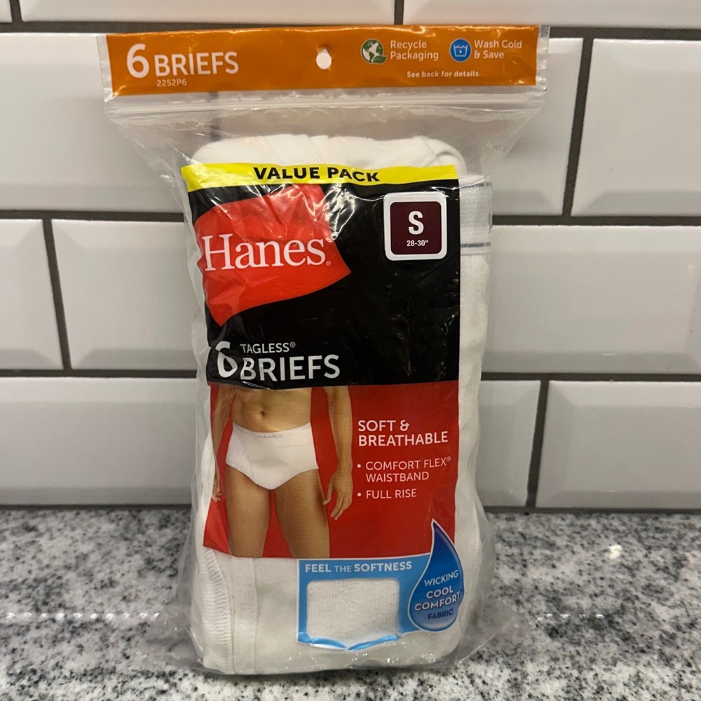 Hanes Mens Small Briefs White 6-Pack Tagless Full Rise Cotton Comfort Flex Pack